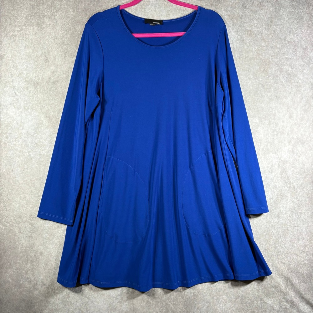 Sun Kim Tunic Top Womens XL Blue Long Sleeve Pockets Pleated Back Travel Wear